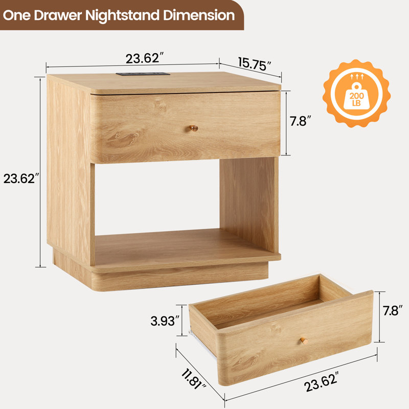 23.6" Nightstand with Charging Station, Yellow