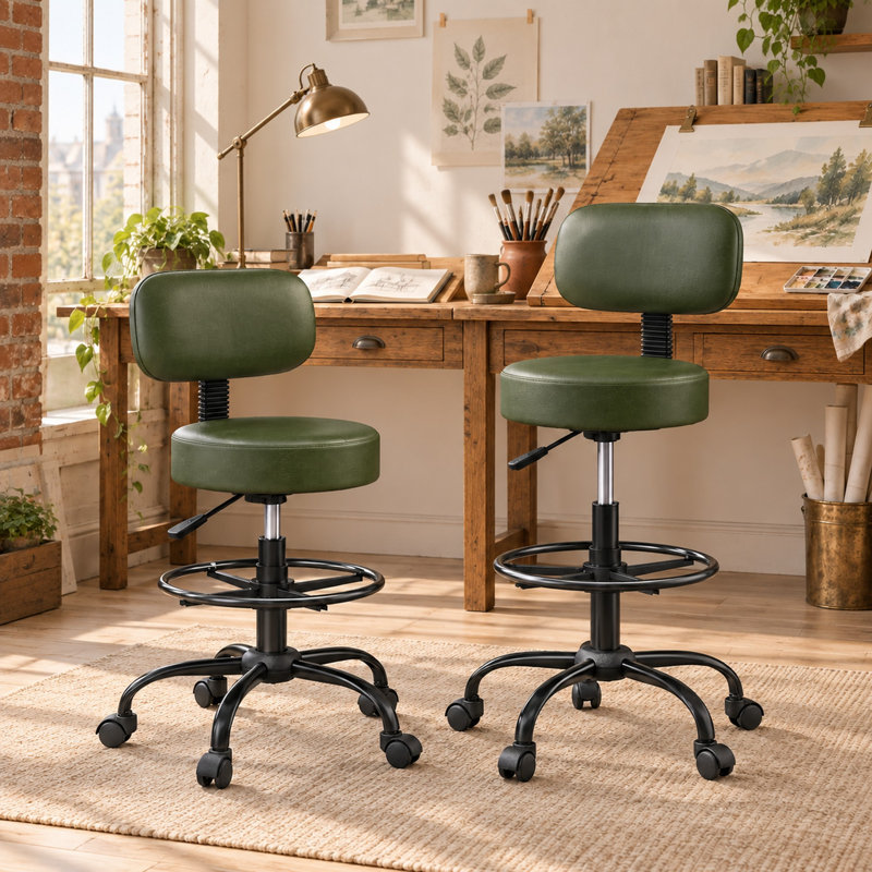 Chaise de dessin ergonomique avec dossier, tabouret de bureau pivotant à roulettes avec repose-pieds réglable - Vert/1 pièce
