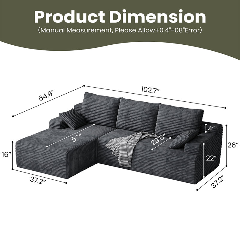 Boneless 104" 2-Piece Compression Boneless Corduroy L-Shaped Modular Sectional Sofa, 【Upgraded High-Density Foam】, No Assembly Required
