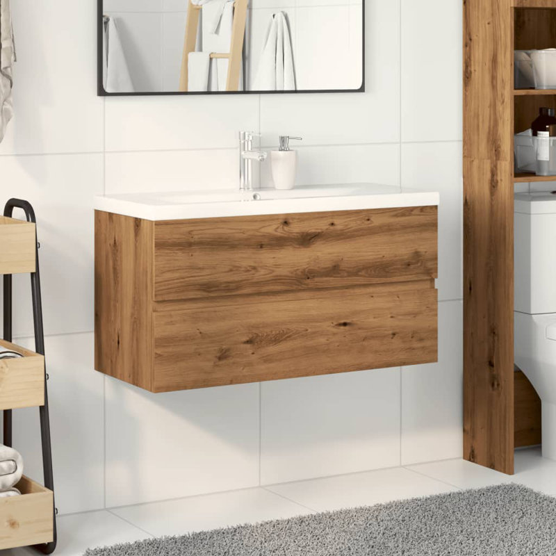 Bardh 91mm Single Bathroom Vanity with Ceramic Basin, White/Silver, Artisan Oak, White/Silver