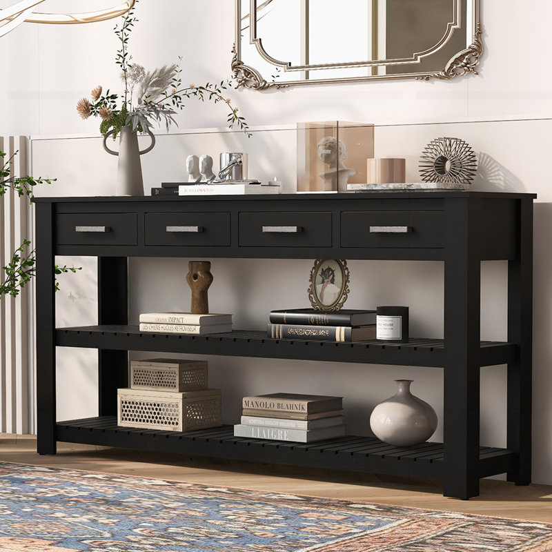 Élégante console d'entrée avec 4 tiroirs et 2 tablettes, Noir