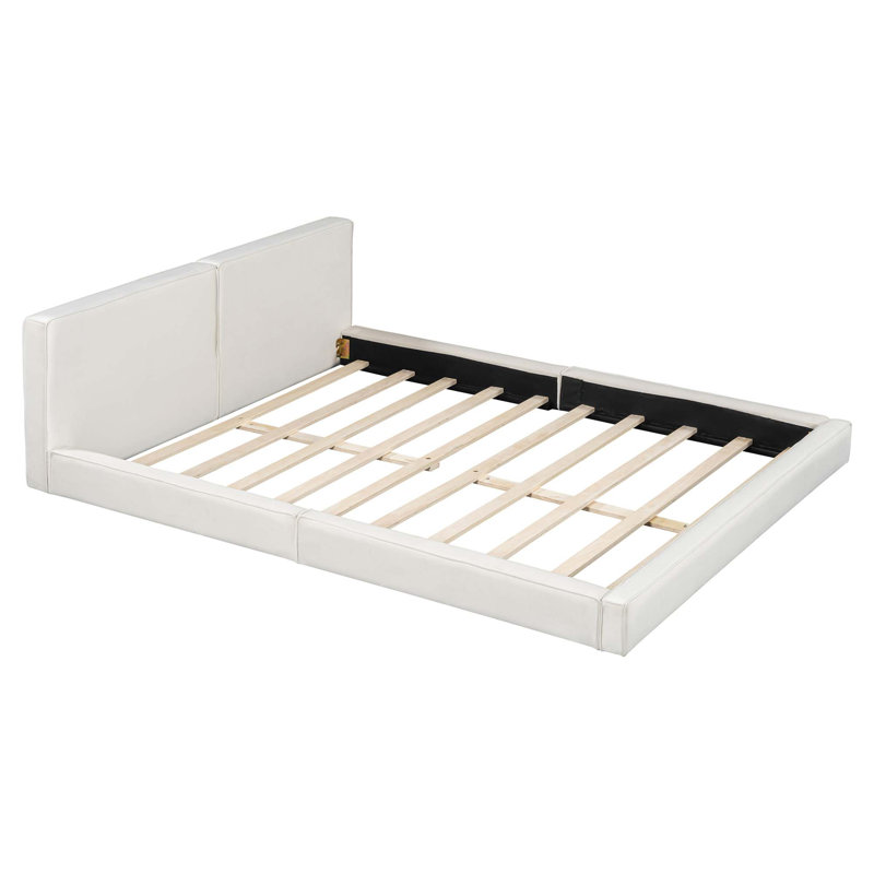 Lit plateforme tapissier avec tissu en velours, lit au sol avec structure solide, Beige