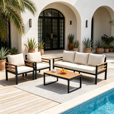 Ensemble de conversation d'extérieur 4 pièces en bois d'acacia avec coussins amovibles, canapé de patio à 5 places beige et table basse