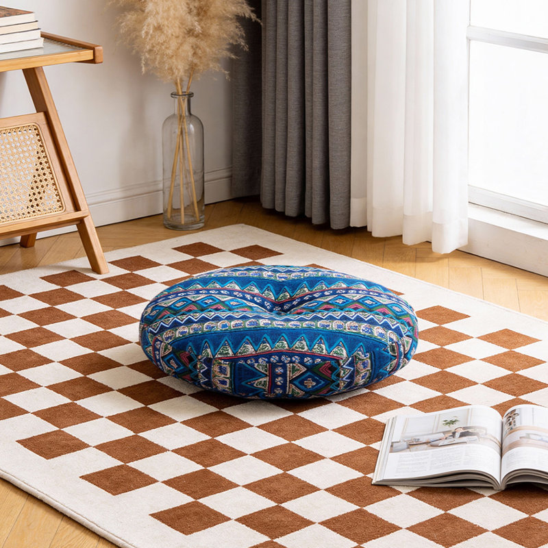 Detachable Round Floor Cushion, Bohemian Blue Geometric