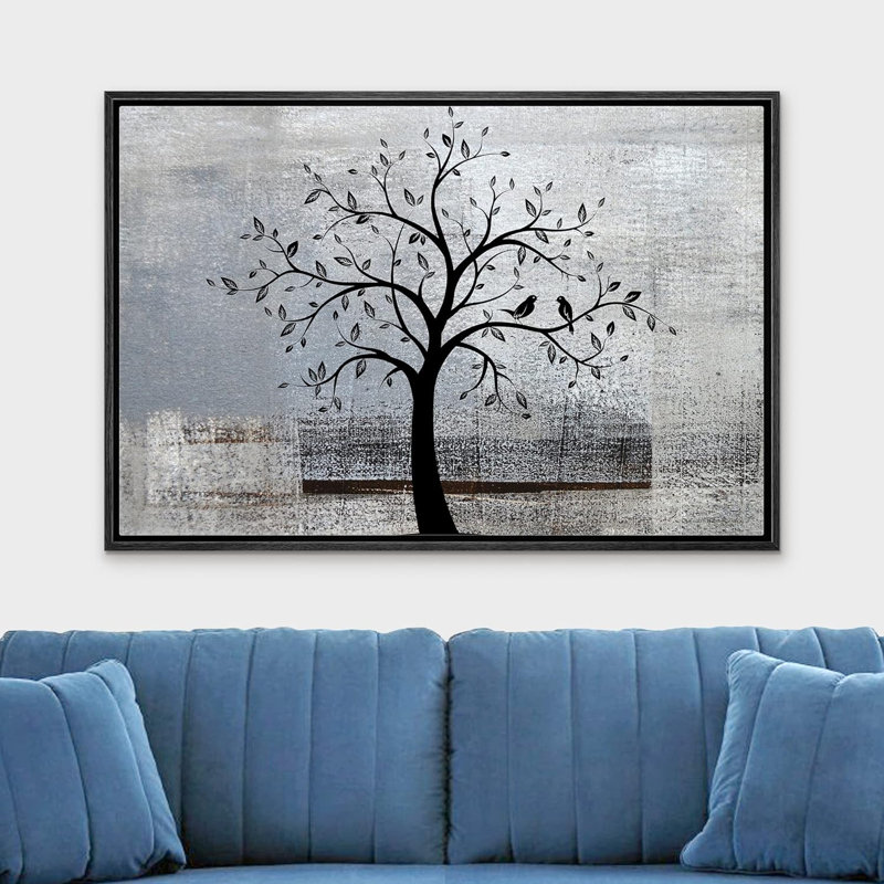 Silhouette d'arbre sur fond gris Botanical Abstract Rustic Farnhouse Lodge, impression sur toile, Cadre noir