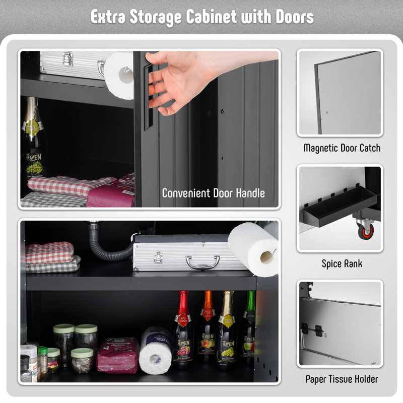Freestanding Black and Stainless Steel Outdoor Sink Station with Cabinet