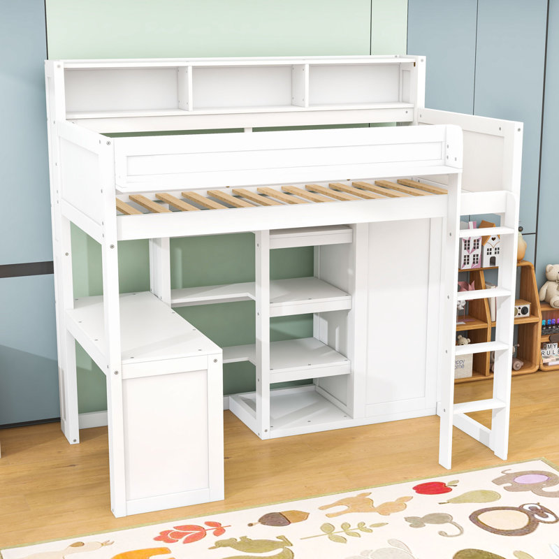 Lit mezzanine simple avec tablettes et garde-robe, Blanc