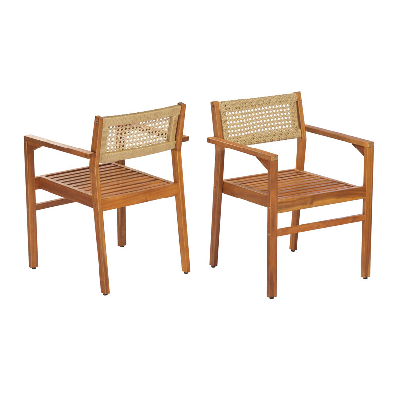 Chaises de salle à manger d'extérieur sans accoudoirs modernes en bois d'acacia avec dossier en osier PE, 4, Teak
