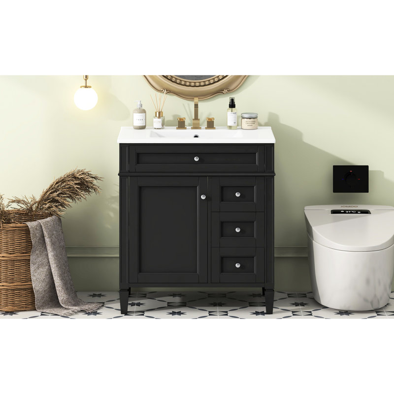 Meuble-lavabo de 30 po avec lavabo, 2 tiroirs, 1 tiroir basculant, glissières en métal lisse et tablettes réglables pour une tablette supérieure fonctionnelle et moderne