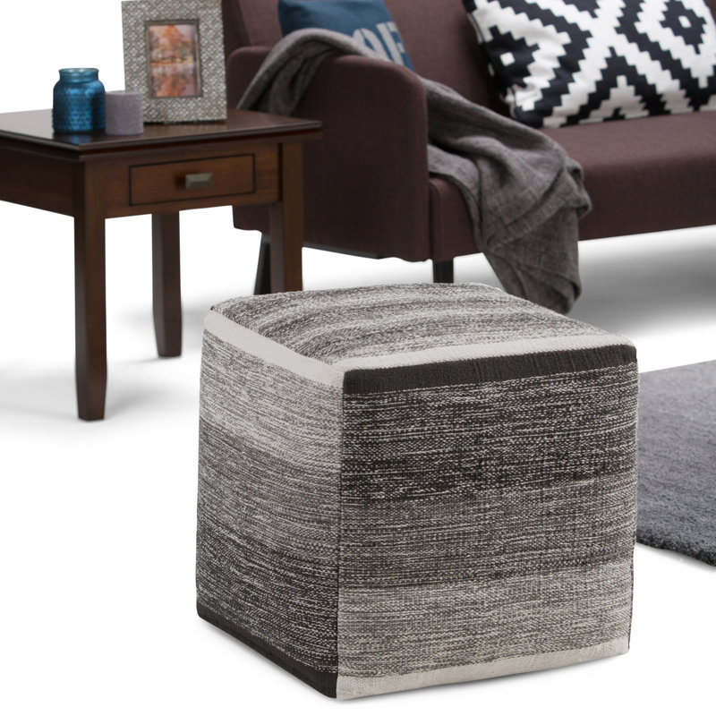Naya 16"W Upholstered Handwoven Cotton Boho Cube Pouf in Grey Melange, Grey