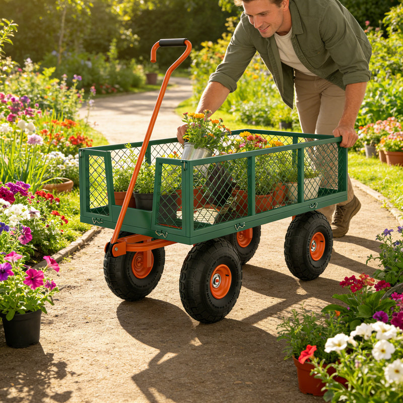 900 LBS Heavy Duty Garden Wagon Cart | 10" Multi-Terrain Tires, 4 Removable Mesh Sides | 180° Swivel Handle Steel Utility Cart for Lawn/Patio/Farm (Green & Orange)