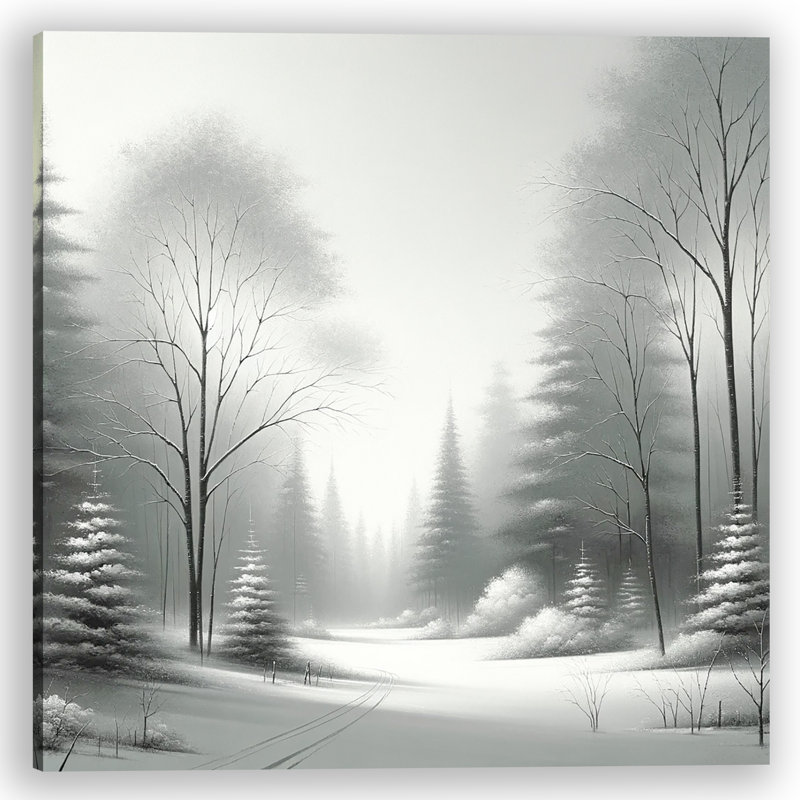 Misty Winter Grove: Forêt monochrome et sentier de neige sur toile, H 30 po x l 30 po x P 1,5 po