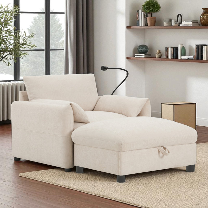 Fauteuil d'appoint rembourré avec repose-pieds avec rangement, Beige