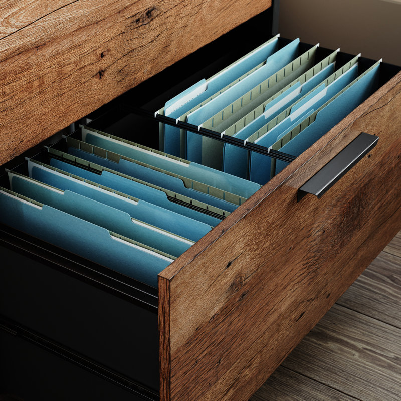 Classeur latéral brun de style industriel, rangement à deux tiroirs, taille compacte convenant à diverses pièces, matériau principal en bois d'ingénierie et surface élégante pour la décoration