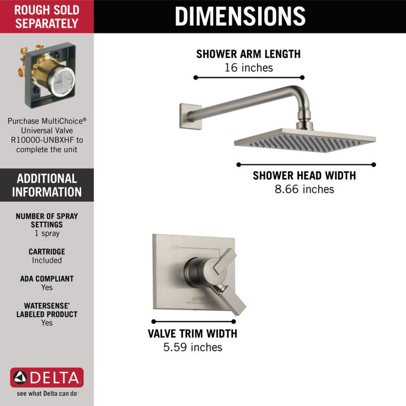 Ensemble de garniture de douche à double fonction Vero 17 Series avec pomme de douche à jet simple Touch-Clean, inoxydable, débit d'eau 2,0 GPM, (valve non incluse)