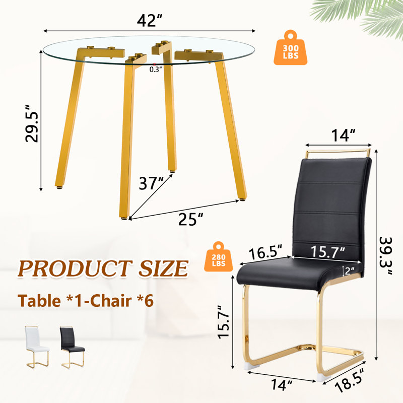 Ensemble de table de salle à manger 7 pièces 7 pièces, H 29,5 po x L 42 po x l 42 po, Noir