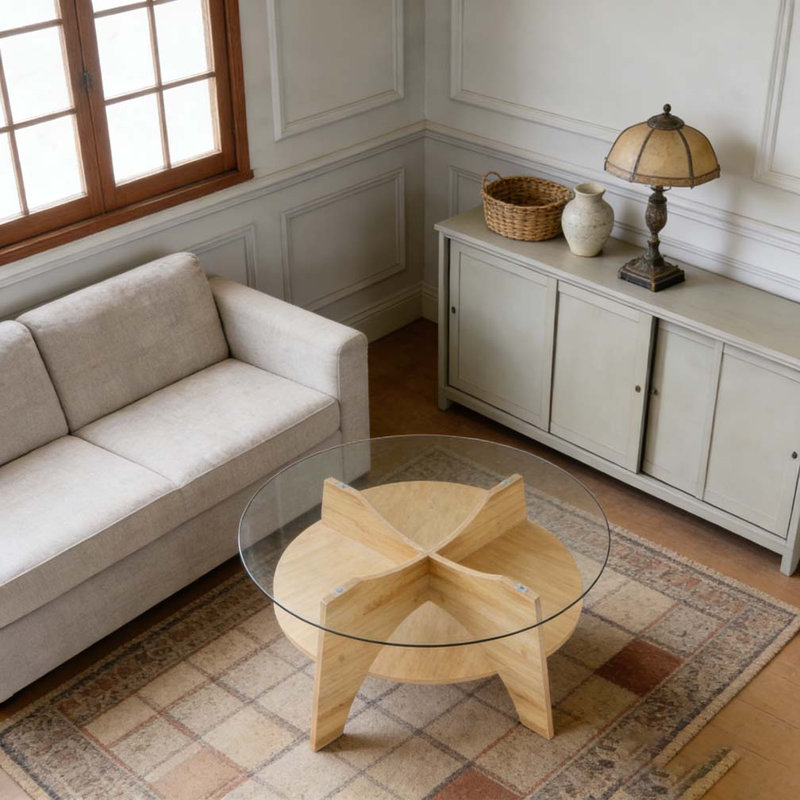 Round Tempered Glass Coffee Table, Wood