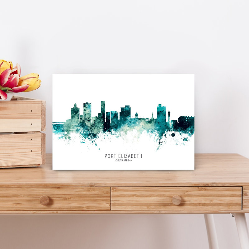 Aquarelle, Port Elizabeth, paysage urbain abstrait, architecture moderne et vibrante, art mural, H 12 po x l 18 po