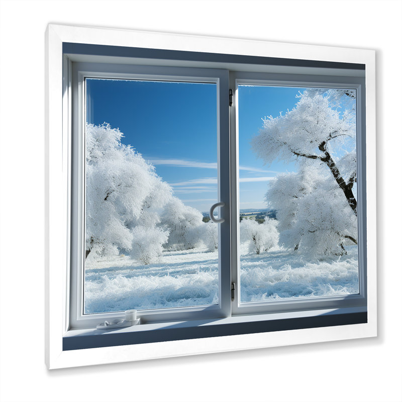 «Forest Winter Window View III - Winter Landscape», art mural, Cadre simple blanc, H 30 po x l 30 po x P 1,5 po