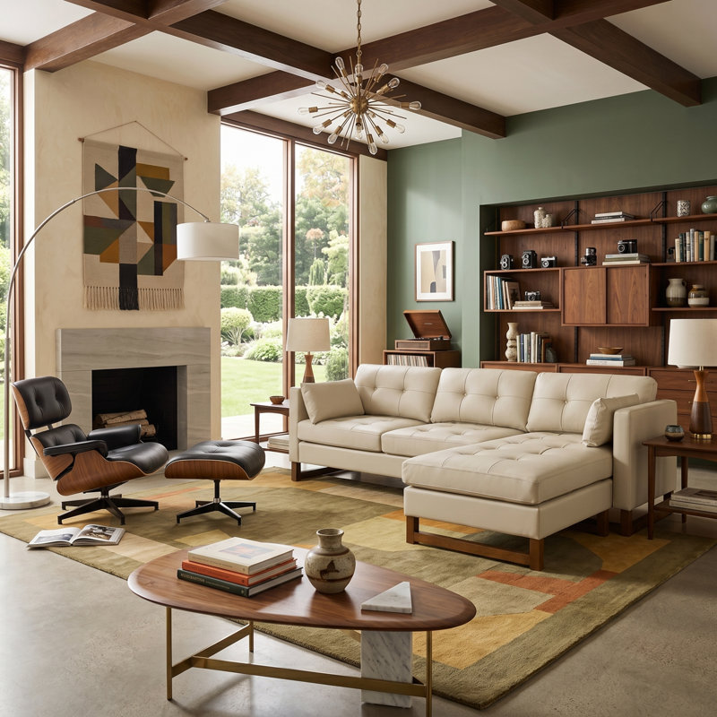 Amando 101"W Mid-Century L-Shape Genuine Leather Reversible Modular Sectional Sofa, Beige Genuine Leather