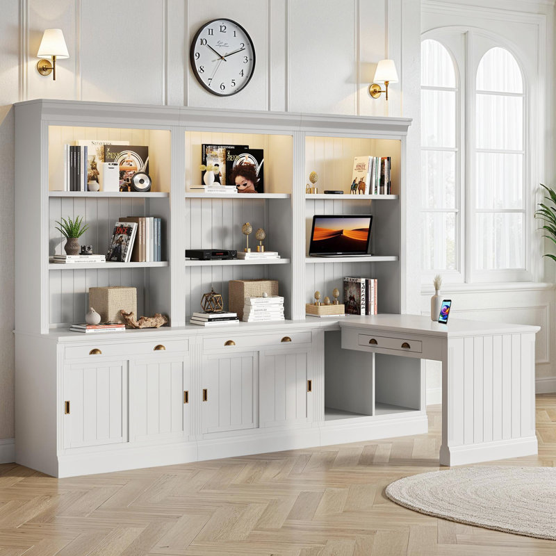 Ensemble de bibliothèque moderne 3 pièces, 83 po de hauteur avec éclairage DEL, portes et tiroirs coulissants, panneau de fibres à densité moyenne blanc pour bureau à domicile