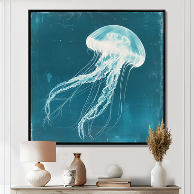 «Blue Jellyfish in Deep Teal I», reproduction d'art sur toile encadrée