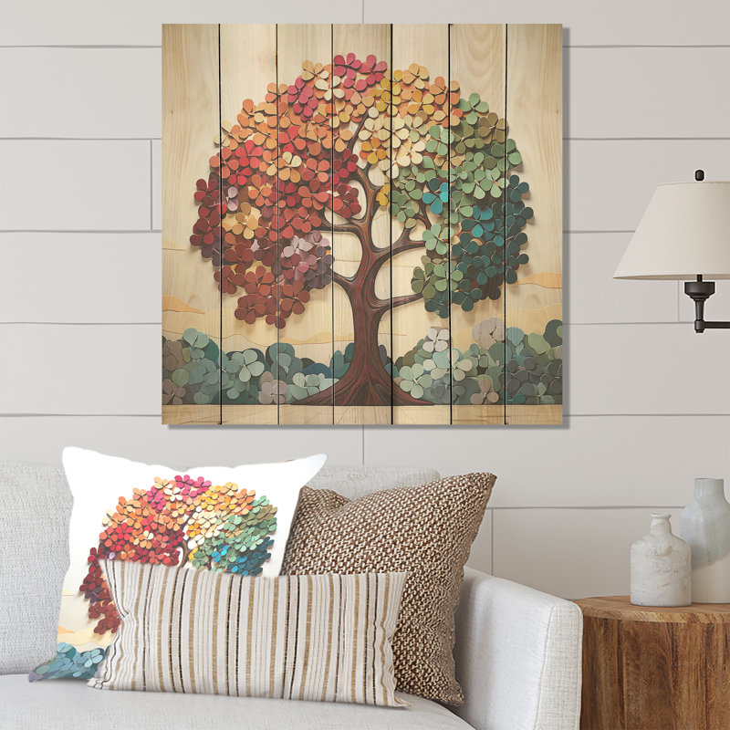 Arbre de tilleul américain coloré et harmonie III - impression sur bois, H 25 po x l 25 po