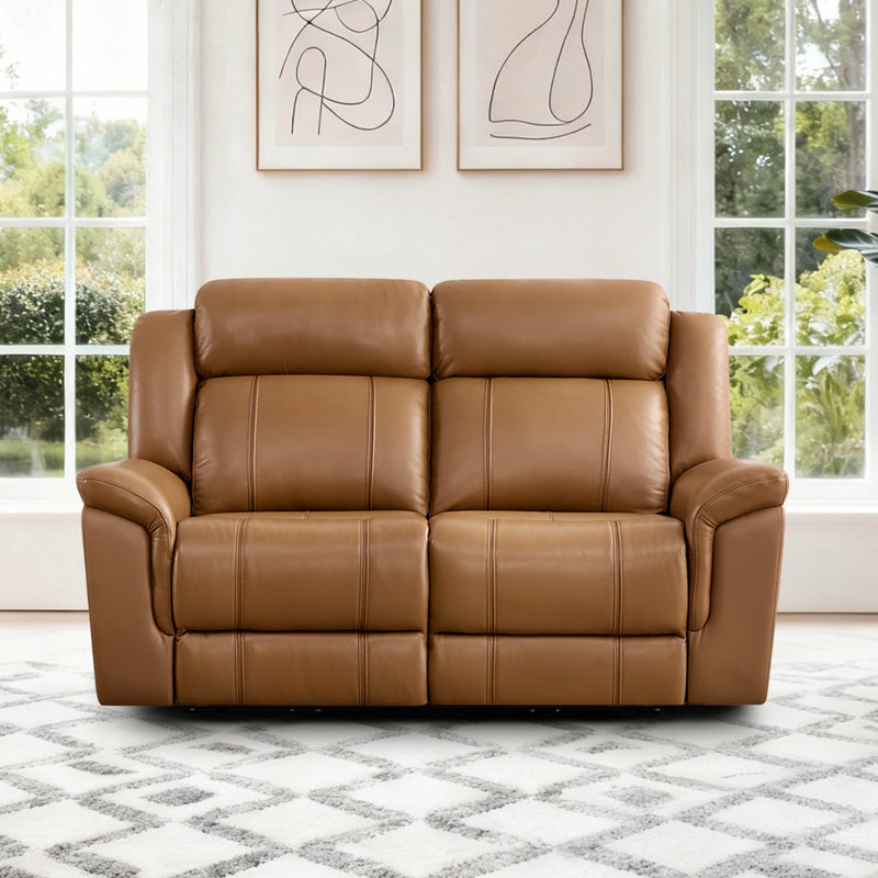 2-Seat Dual Motor zero clearence recliner Genuine Leather Power Recliner Sofa With Power Headrest, Saddle