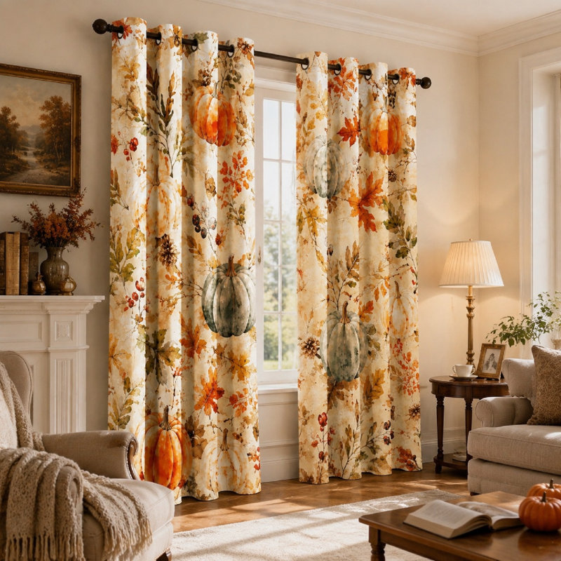 Lot de 2 rideaux occultants à œillets décoratifs, motif feuilles de citrouille et citrouille, style automne vintage, pour le salon et la chambre à coucher.