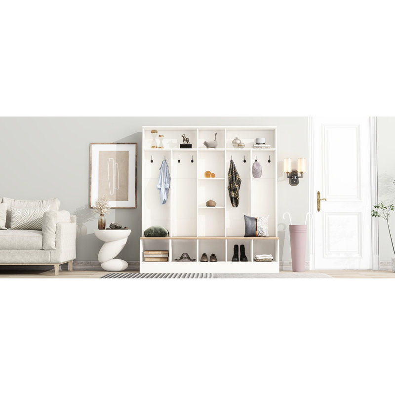 Élégant portemanteau avec porte-chaussures et crochets à manteaux, rangement minimaliste blanc pour armoire d'entrée
