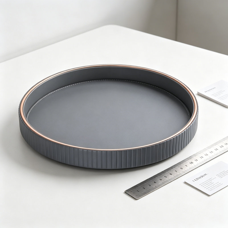 Round Decorative Tray For Home Decor, PU Leather Serving Tray For Coffee Table, Entryway, Dresser And Nightstand, Jewelry And Perfume Organizer With Ribbed Design