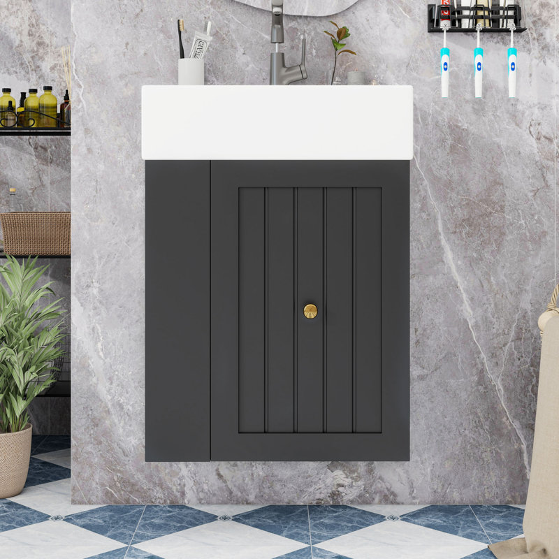 Meuble-lavabo mural avec lavabo, tiroir et tablette latérale, Noir