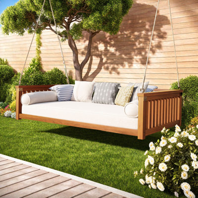 Patio Minimalist Twin Size Garden Swing Bed Wood Porch Swing With Ropes For Backyard, Safe Sloped Design
