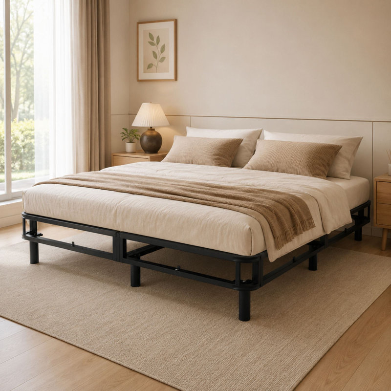 Structure de lit en fer plat 14 po avec housse Andrew, aucun sommier nécessaire, Queen