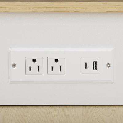 Îlot de cuisine extensible pour 2 à 6, tiroirs des deux côtés, armoire avec tablette réglable, rangement ouvert, prise de courant, finition blanche, grain de bois naturel, table à bords arrondis 4 tiroirs double face,
