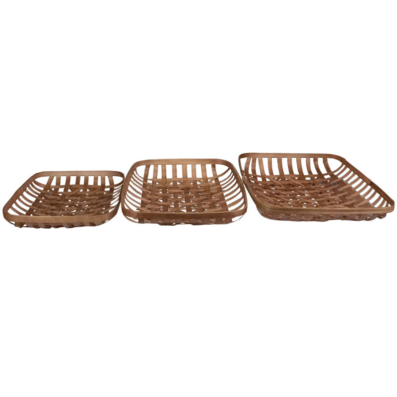 Set Of 3 Brown Rectangular Lattice Tobacco Table Top Baskets, Brown