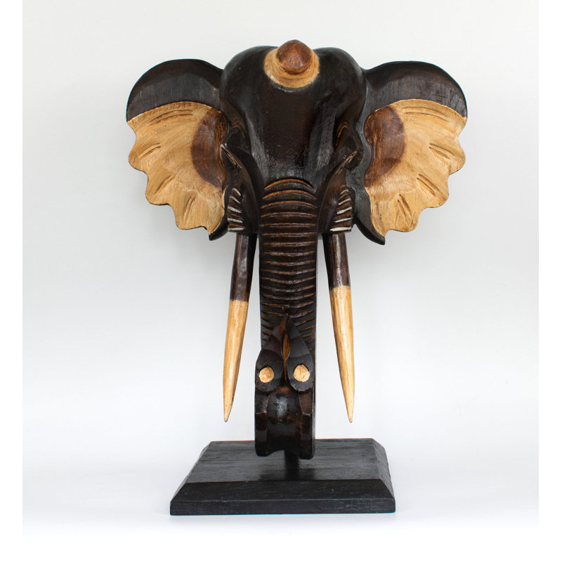 Statue de buste d'éléphant en bois en forme de buste sur socle Sculpture sculptée à la main Décoration artisanale faite à la main