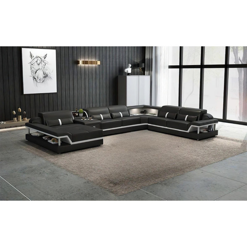 Asantae - Genuine Leather Modular Corner Sectional, Black/White, Left Hand Facing