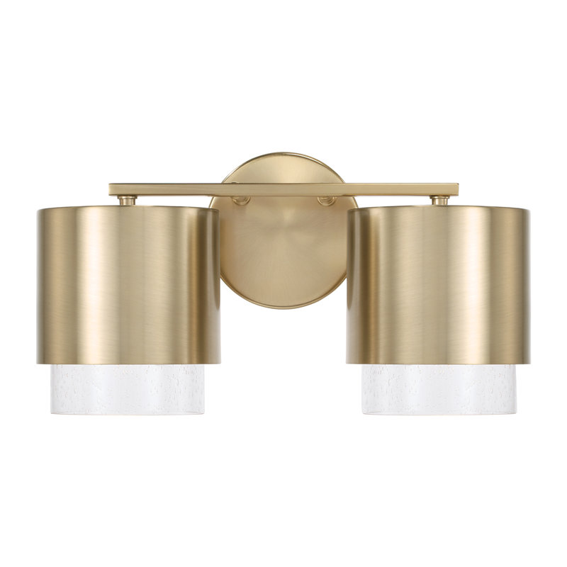15"W x 8.25"H 2-Light Cylindrical Metal Vanity in Matte Brass with Seeded Glass