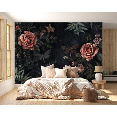Dark Rose & Dragonfly Wall Art – Vintage Wallpaper Botanical Print