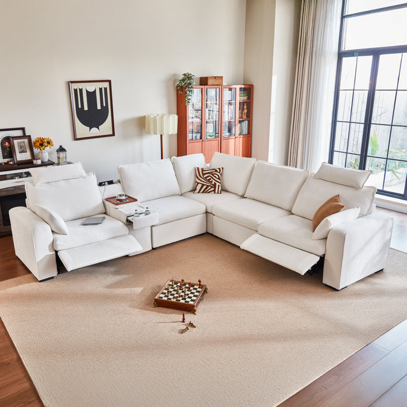 5 Seater Chenille Oversized Modular Sectional Sofa With Double Power Recliner Cloud Reclining Couch With Headrest Storage Drawer Charging Cup Holders Deep L-shaped With Corner