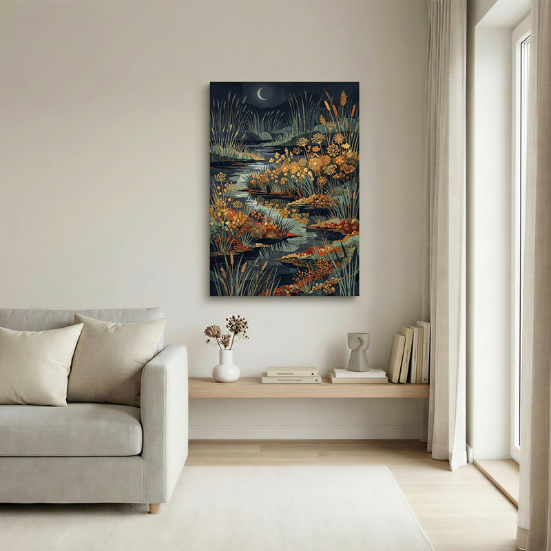Art mural sur toile mosaïque bleu foncé avec lune et hautes herbes, H 24 po x l 16 po