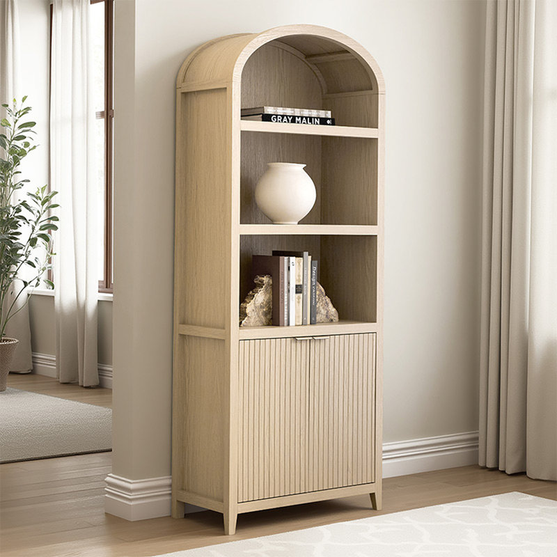 Francisco Modern 76"H Wood Finish Fluted Bookcase with Adjustable Open Shelves and Storage Cabinets, Natural