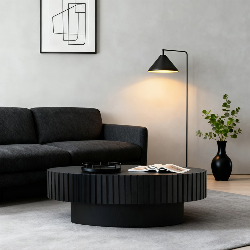 43.5'' Modern Oval Wooden Olive-shaped Coffee Table With Solid Wood Fluted Design For Living Room, Black