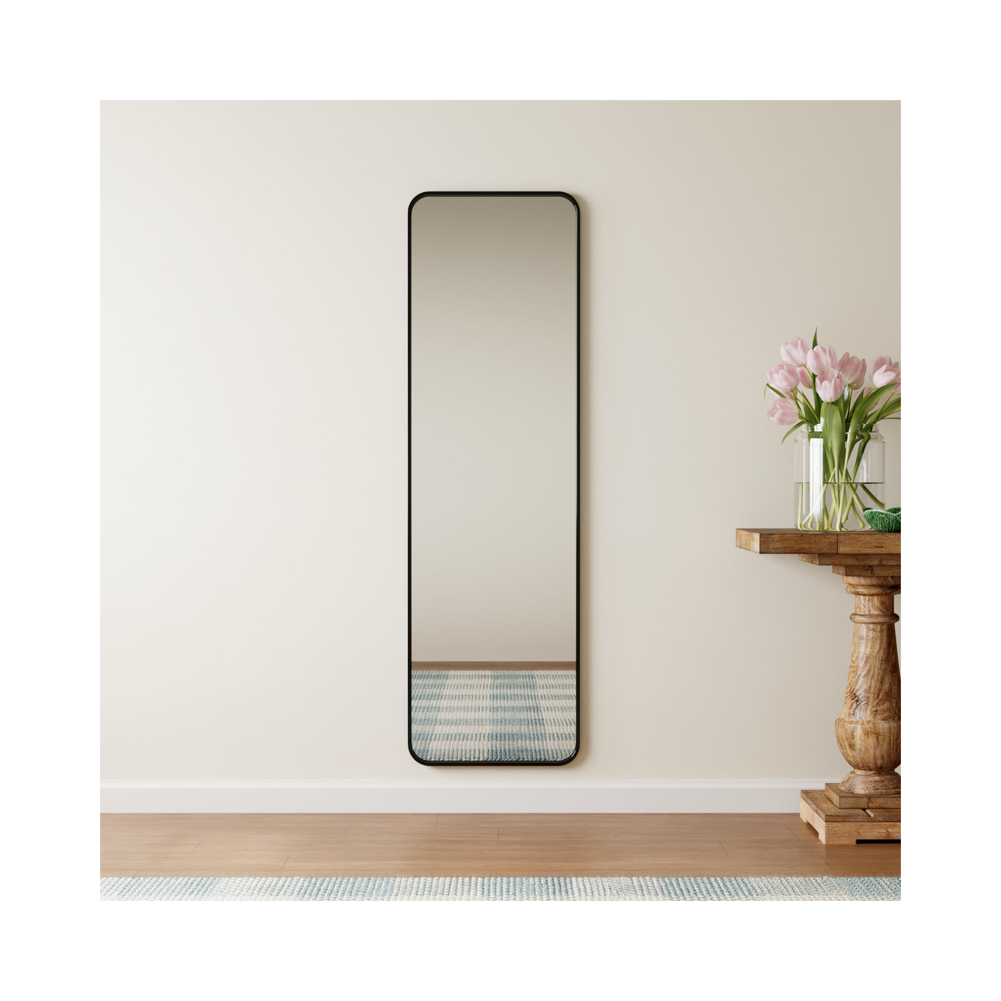 Sabine Metal Rounded Rectangle Wall Mirror, Black, 60'' H x 18'' W