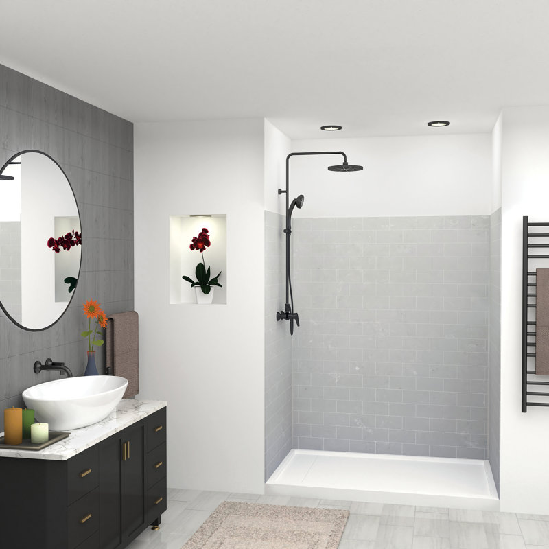 Lunar Gray Solid Surface Subway Tile Shower Wall Kit, 72" x 60"