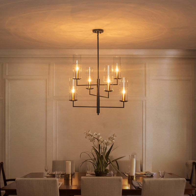 Lustre linéaire moderne 6 lumières avec bras réglables à 360 ° et abat-jour en verre nervuré - Luminaire suspendu de style bougie noir mat pour salle à manger, îlot de cuisine, vestibule et salon