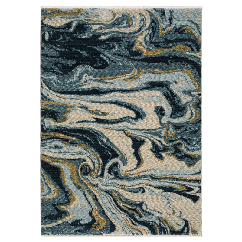 Elizzabeth Contemporary Abstract Waves Navy Blue/ Teal Area Rug, Rectangle 3'3" x 5'