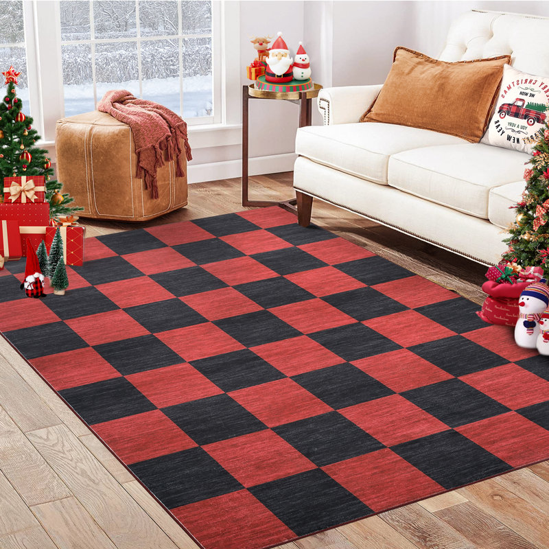 Washable Christmas Rug Checkered Decorative Carpet with Non-Slip Backing, Stain-Resistant Low Pile Floor Mats, Foldable Holiday Indoor Rug for Bedroom, Living Room, Nursery