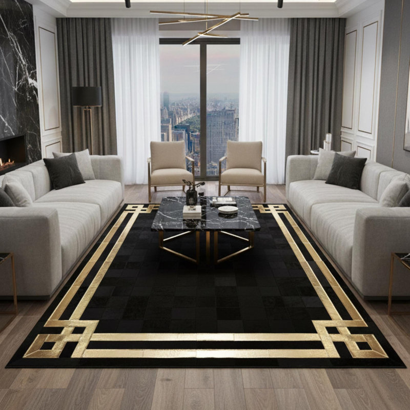 Tapis de course en cuir de vache noir et doré, tapis en cuir de luxe, tapis à bordure dorée,, Rectangle 10 pi x 14 pi